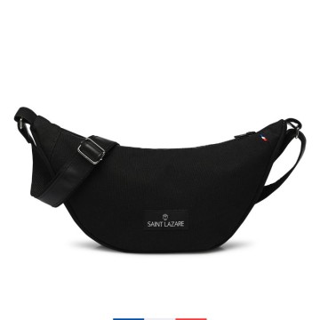 Sac demi-lune noir en toile upcyclée – Vue de face
