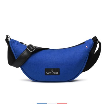 sac demi lune bandoulière de face fait en bleu de travail