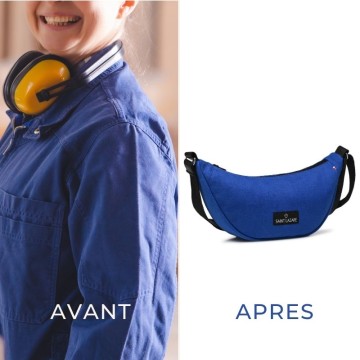 sac demi lune bandoulière avant après fabriqué à partir d'un bleu de travail