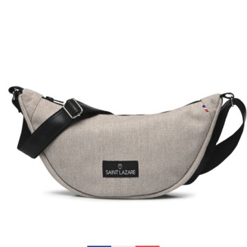 Sac demi-lune beige tendance en toile upcyclée – Vue de face