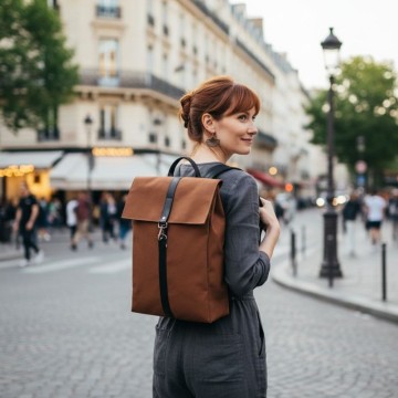 sac à dos femme chic porté de couleur marron