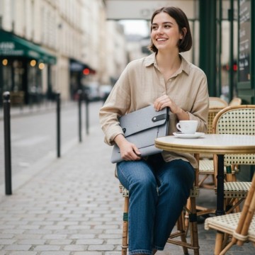 Housse ordinateur gris claire portée par une femme